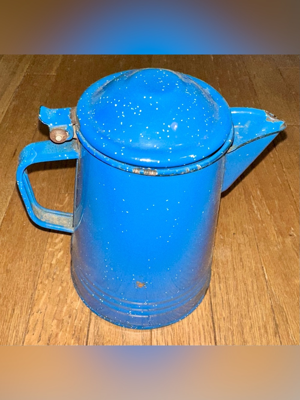 Vintage Blue Enamel Coffee Pot with Spout and Handle